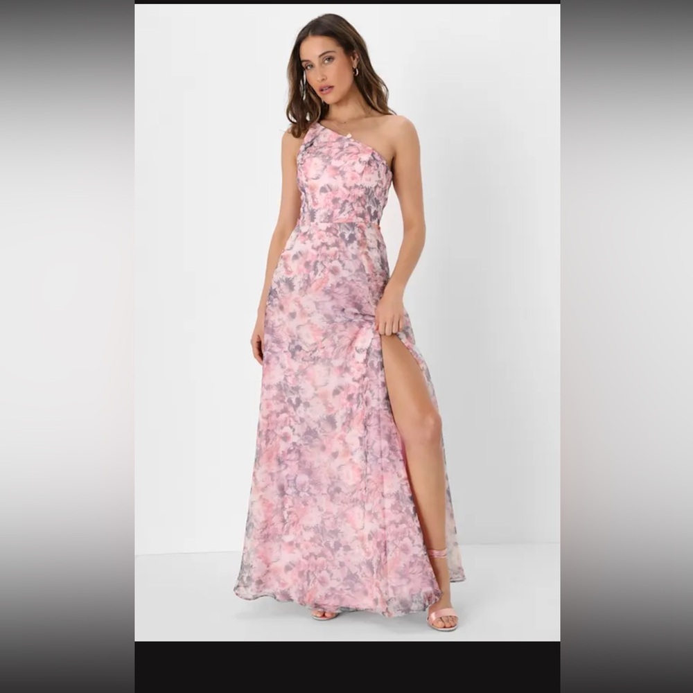 Lulus Pink Floral One-Shoulder Maxi Dress